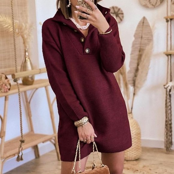 KIRUNDO 2023 Fall Winter Women's Long Sleeve Turtleneck Sweater Dress Button Dow - Picture 4 of 6